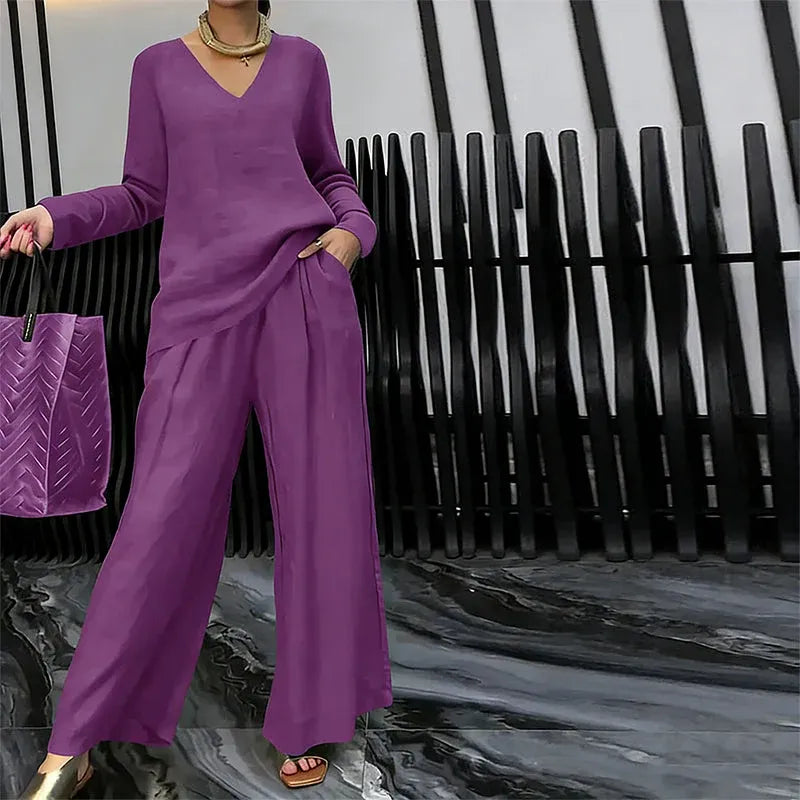 Women’s V-Neck Top and Wide-Leg Pants Set