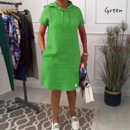 Women’s Casual Hooded Short Sleeve Linen Blend Dress with Pockets