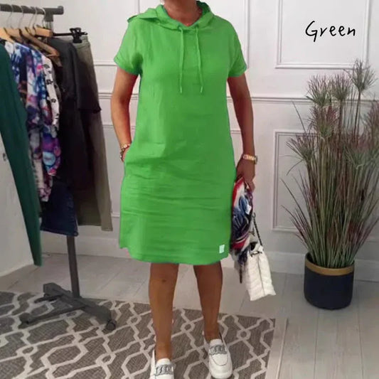 Women’s Casual Hooded Short Sleeve Linen Blend Dress with Pockets