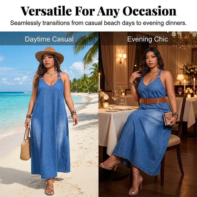 V-Neck Loose Fit Denim Maxi Dress