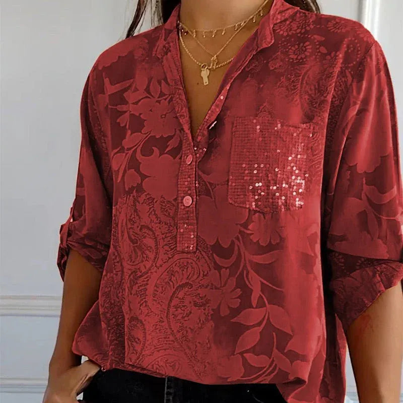 Women’s Floral Button Blouse with Roll-Up Sleeves