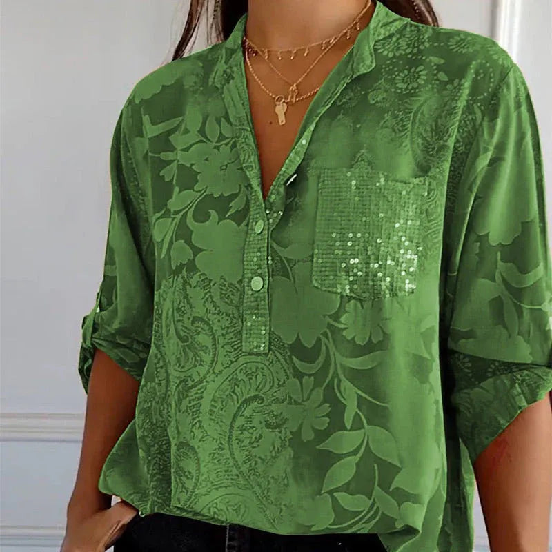 Women’s Floral Button Blouse with Roll-Up Sleeves