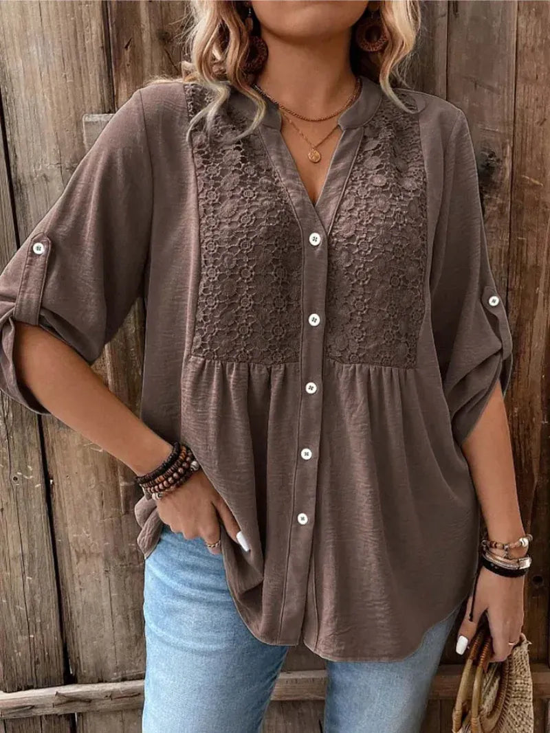 Women’s Lace Detail Button-Down Relaxed Fit Blouse