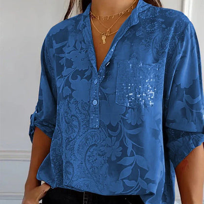 Women’s Floral Button Blouse with Roll-Up Sleeves
