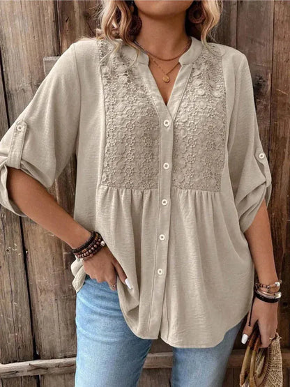 Women’s Lace Detail Button-Down Relaxed Fit Blouse