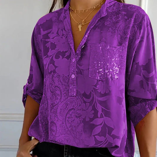 Women’s Floral Button Blouse with Roll-Up Sleeves