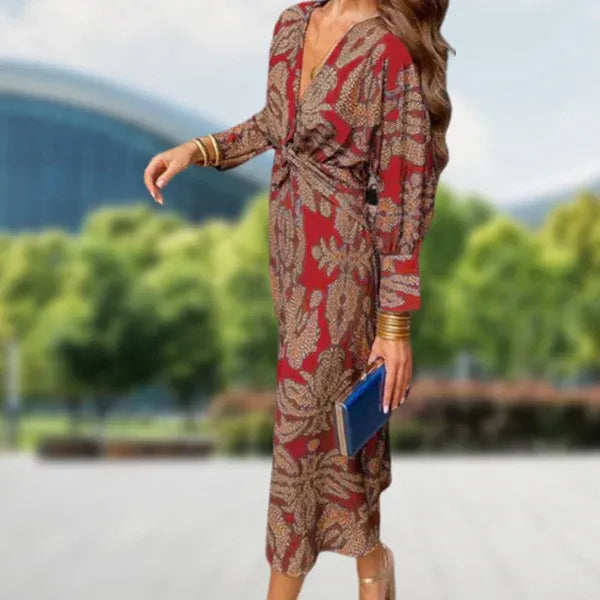 Women’s Printed V-Neck Long Sleeve Midi Dress