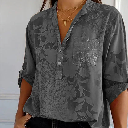 Women’s Floral Button Blouse with Roll-Up Sleeves