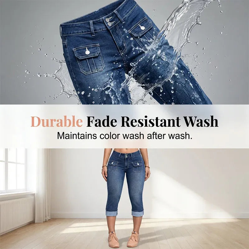 Slim Fit Stretch Denim Capri Pants with Cargo Pockets