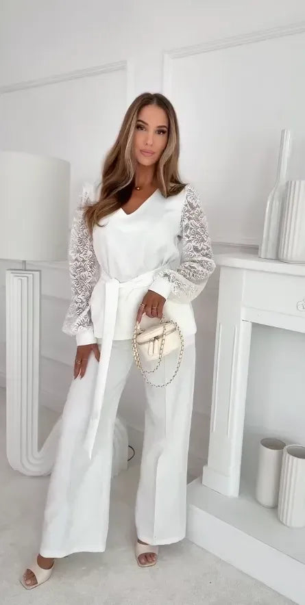 Women’s V-Neck Top and Wide-Leg Pants Set