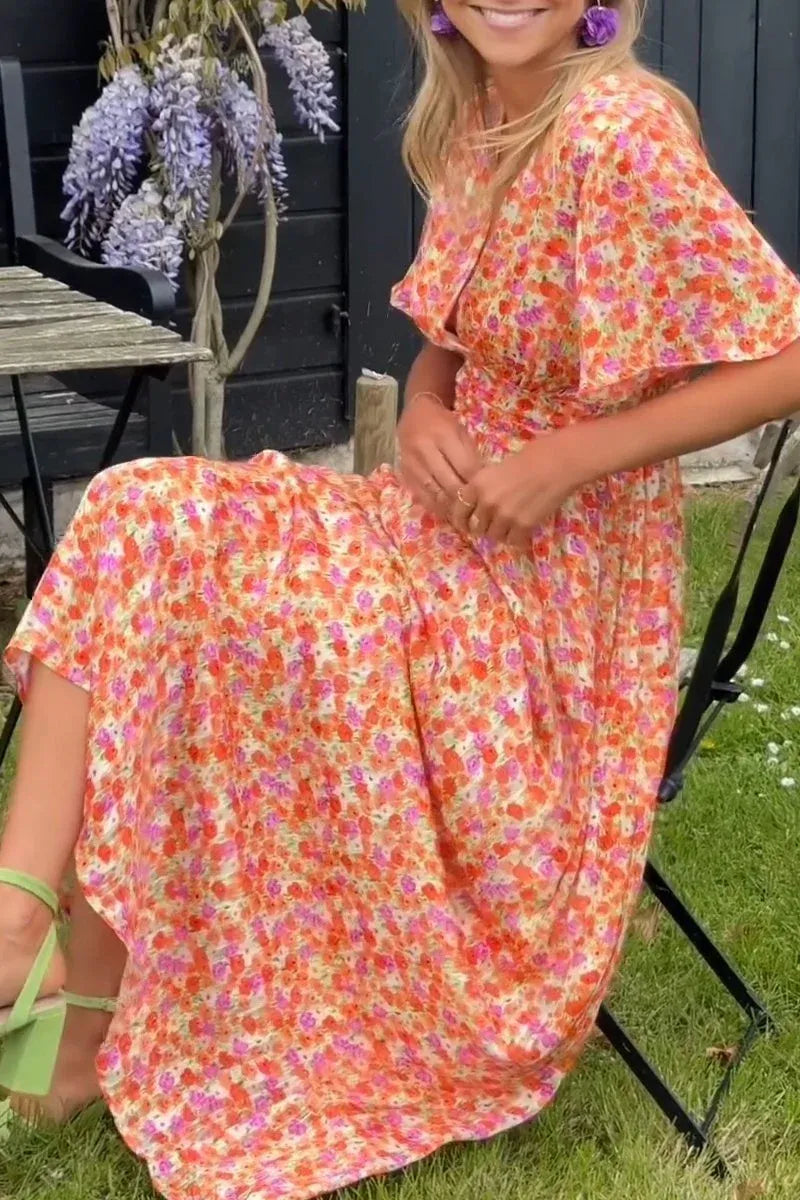 Women’s Floral V-Neck Smocked Waist Maxi Dress