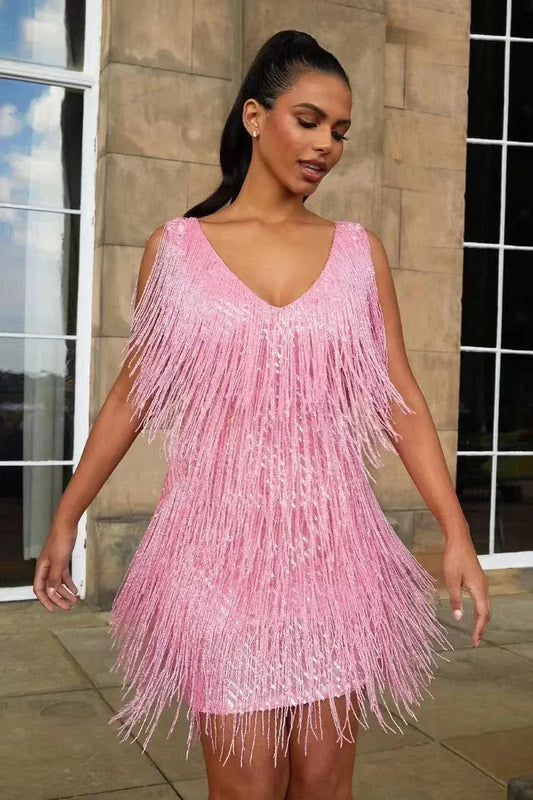 Fringe Sequin V-Neck Party Dress