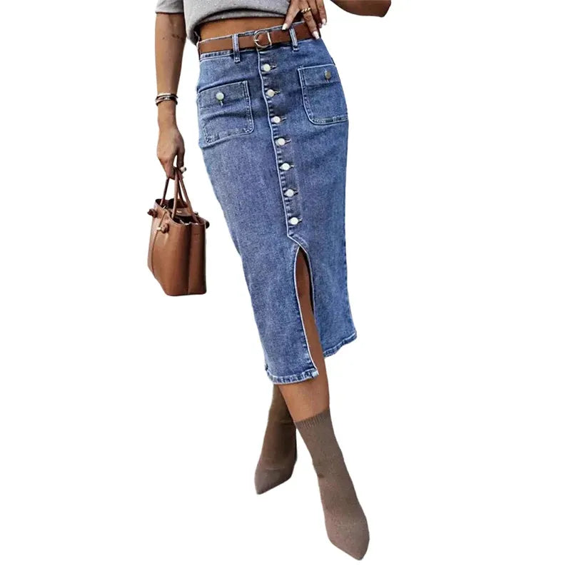 Women’s High-Waisted Button-Front Denim Midi Skirt