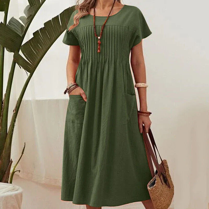 Women’s Short Sleeve Pleated Pocket Midi Dress