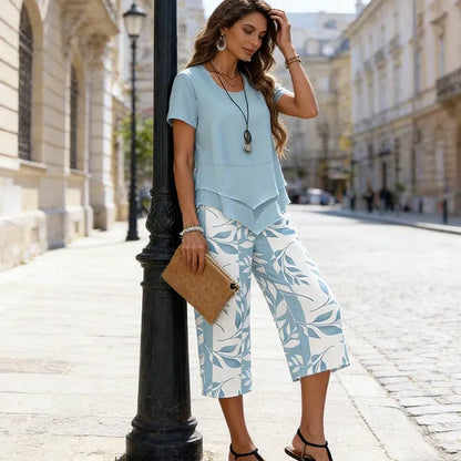 Women’s Layered Tunic Top and Printed Cropped Pants Set
