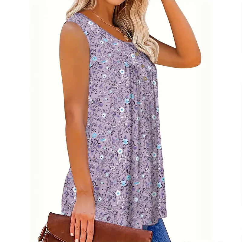 Women’s Floral Print Sleeveless Button Front Top