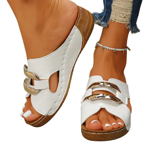 Women’s Metallic Accent Open-Toe Wedge Sandals