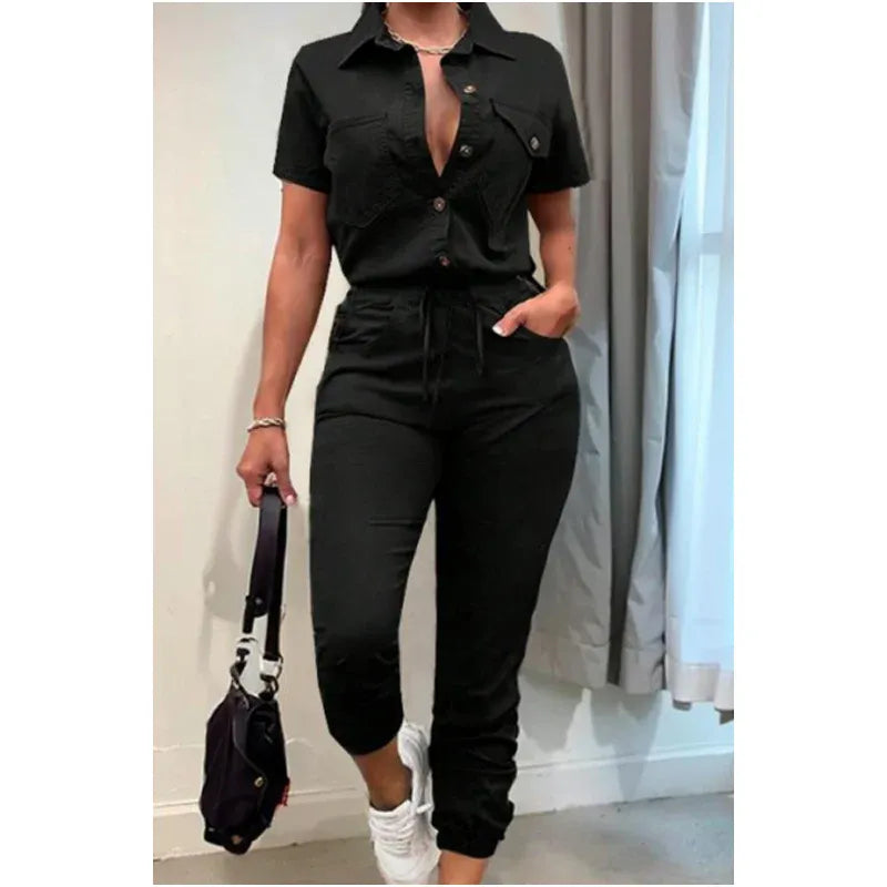Women’s Button-Front Short-Sleeve Utility Jumpsuit