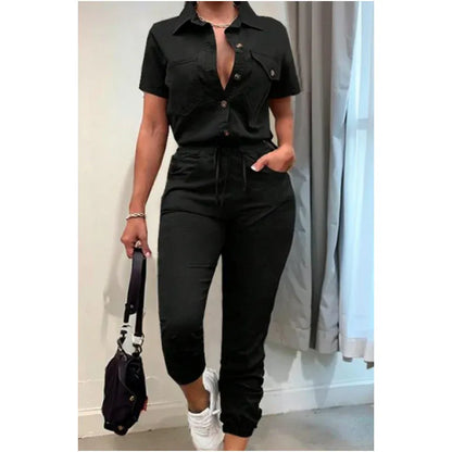 Women’s Button-Front Short-Sleeve Utility Jumpsuit