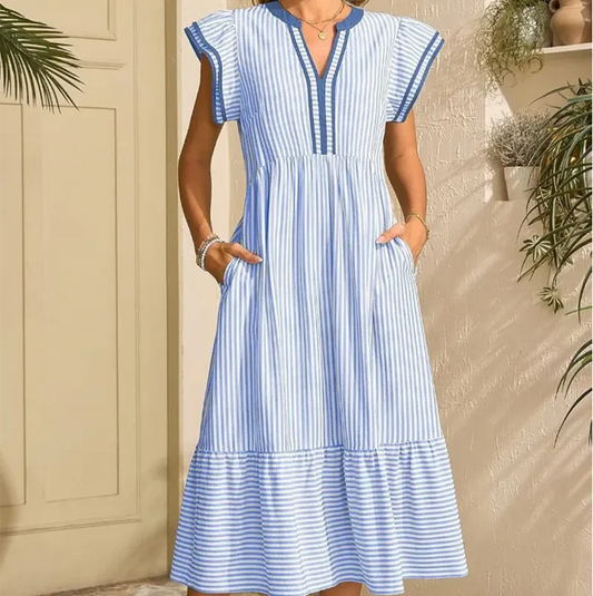 Women’s Striped V-Neck Flutter Sleeve Midi Dress