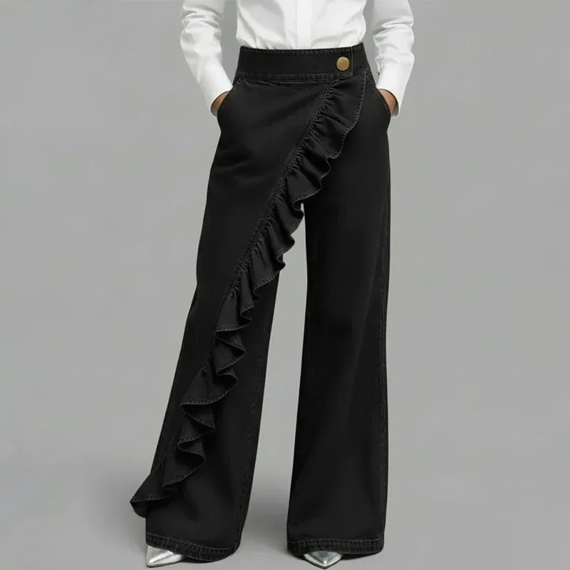 Women’s Asymmetrical Ruffle Wide-Leg Jeans