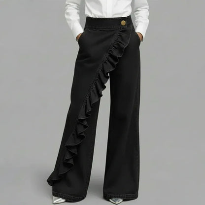 Women’s Asymmetrical Ruffle Wide-Leg Jeans