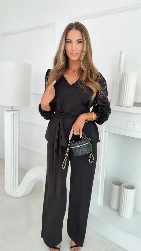 Women’s V-Neck Top and Wide-Leg Pants Set