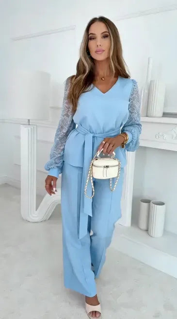 Women’s V-Neck Top and Wide-Leg Pants Set
