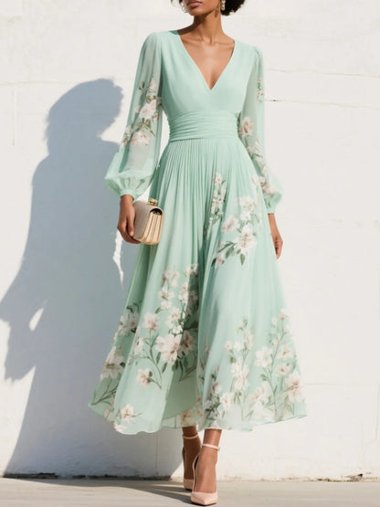 Women’s Floral Chiffon V-Neck Midi Dress