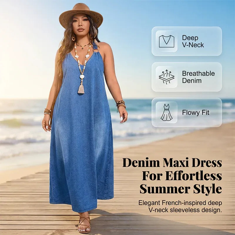 V-Neck Loose Fit Denim Maxi Dress