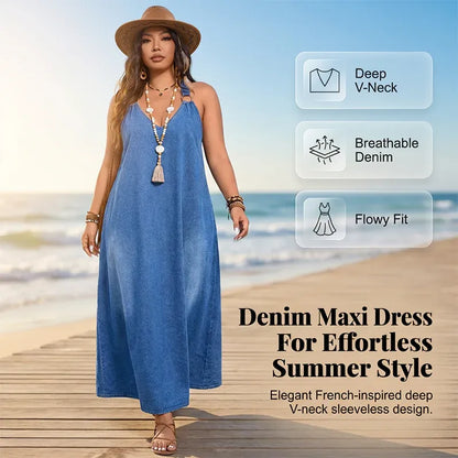 V-Neck Loose Fit Denim Maxi Dress