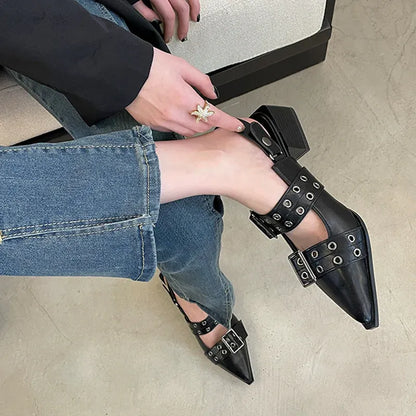 Women’s Pointed Toe Buckle Strap Low Heel Shoes