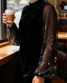 Velvet Sparkle Sleeve Bow Dress