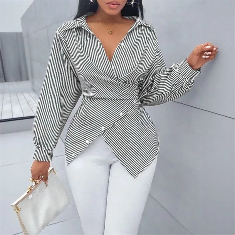 Women’s Striped Wrap Tie-Back Blouse