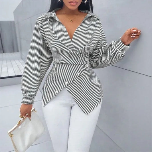 Women’s Striped Wrap Tie-Back Blouse