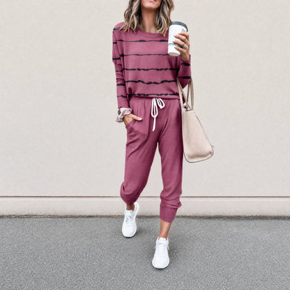 Women’s Striped Long Sleeve Top and Jogger Pants Set