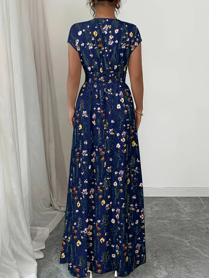 Women’s Printed Waist-Cinching V-Neck Maxi Dress