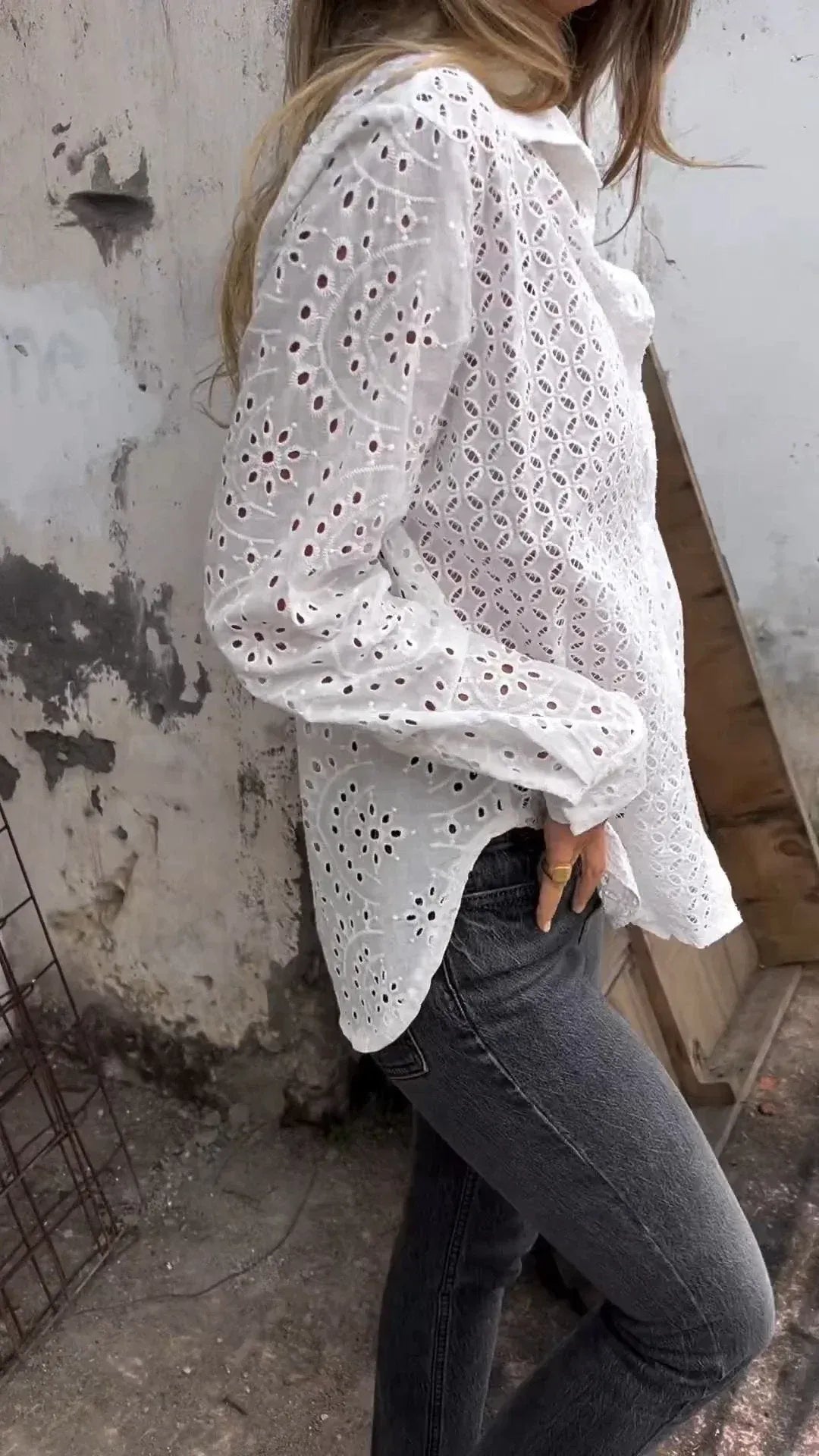Women’s Eyelet Button-Front Long Sleeve Blouse