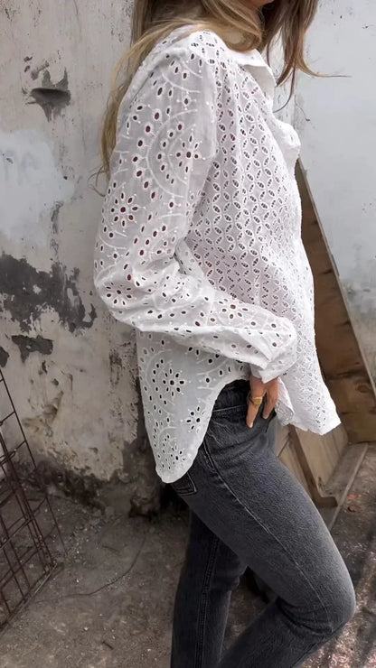 Women’s Eyelet Button-Front Long Sleeve Blouse
