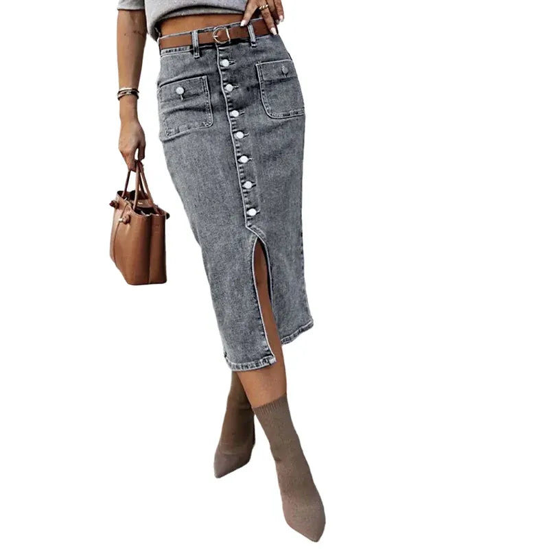 Women’s High-Waisted Button-Front Denim Midi Skirt