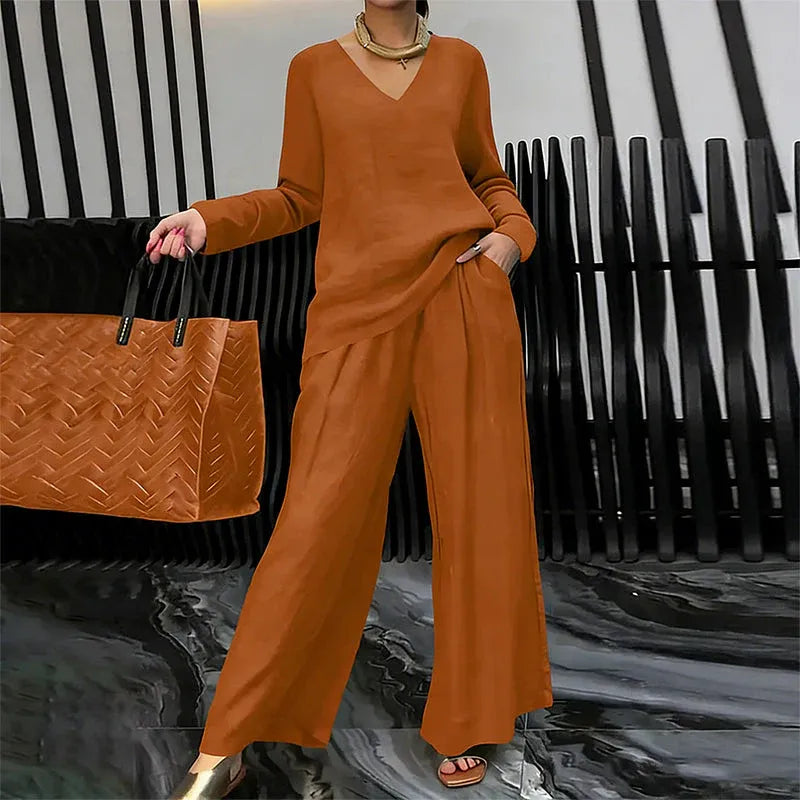 Women’s V-Neck Top and Wide-Leg Pants Set