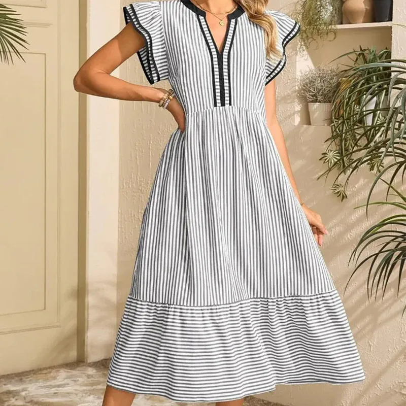 Women’s Striped V-Neck Flutter Sleeve Midi Dress