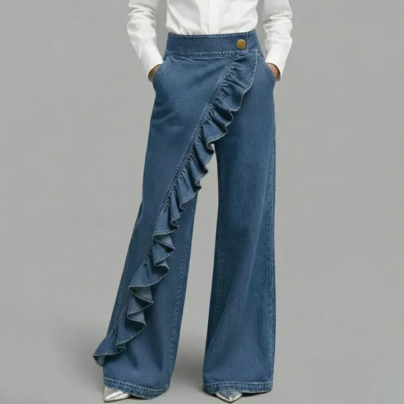 Women’s Asymmetrical Ruffle Wide-Leg Jeans