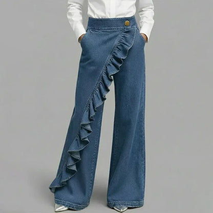 Women’s Asymmetrical Ruffle Wide-Leg Jeans