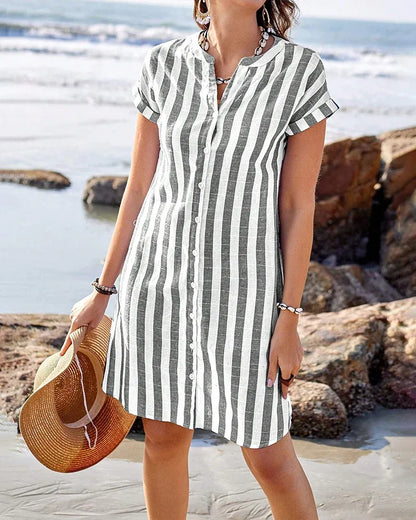 Women’s Striped Short Sleeve Button-Up Tunic Dress