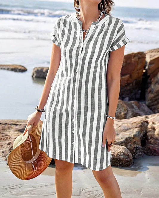 Women’s Striped Short Sleeve Button-Up Tunic Dress