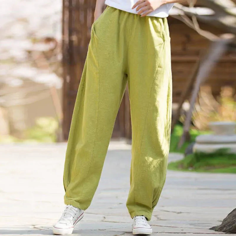 Casual Elastic Waist Cotton-Linen Pants with Pockets