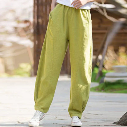 Casual Elastic Waist Cotton-Linen Pants with Pockets