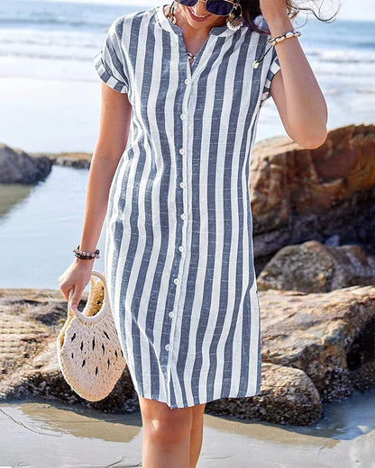 Women’s Striped Short Sleeve Button-Up Tunic Dress