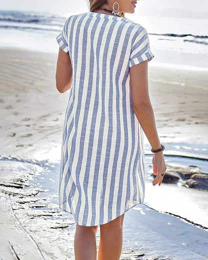 Women’s Striped Short Sleeve Button-Up Tunic Dress